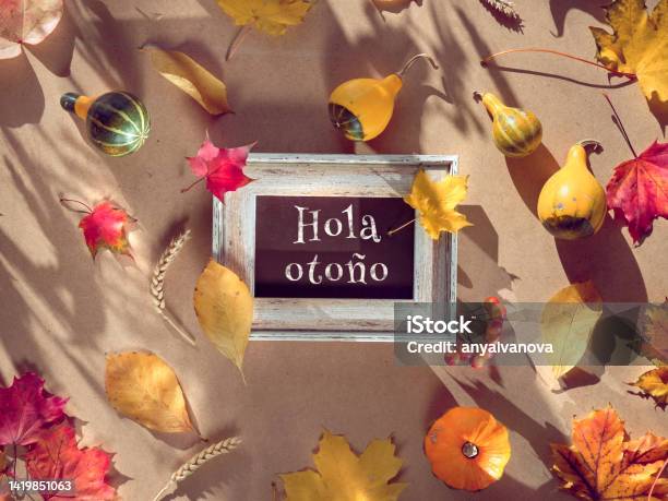 Autumn Frame Caption Greeting Text Hola Otono Means Hello Autumn In Spanish Language Natural Fall Leaves Wheat Ears Stock Photo - Download Image Now