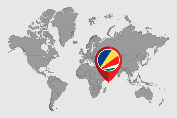 ilustrações de stock, clip art, desenhos animados e ícones de pin map with seychelles flag on world map. vector illustration. - flag of seychelles