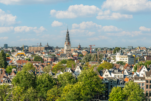 Aerial Photograph Moored Boats East Dock and skyline of Amsterdam.