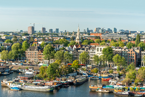 Aerial Photograph Moored Boats East Dock and skyline of Amsterdam.