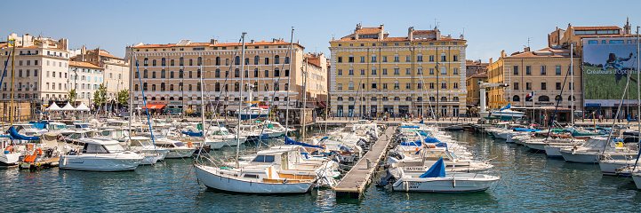 Panorama of the Old Port of Marseille and buildings of the Quai de Rive Neuve on a sunny day