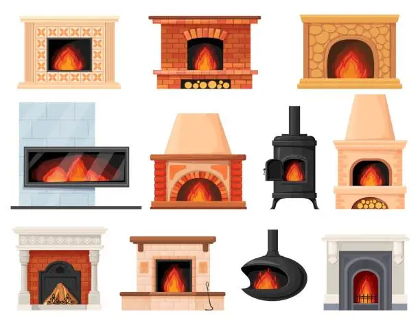 Vector illustration of Cartoon fireplaces stoves. Fireplace chimney electric fire wood heat systems, cozy fireside classic decorated home hearth iron stone contemporary heater, neat vector illustration