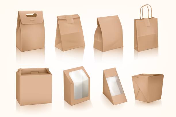 3d takeout bags. Restaurant takeaway food package, seal sticker pouch delivery craft paper handle bag or lunch box cardboard container bakery carton sachet tidy vector illustration 3d takeout bags. Restaurant takeaway food package, seal sticker pouch delivery craft paper handle bag or lunch box cardboard container bakery sachet vector illustration of container bag and package bag lunch stock illustrations