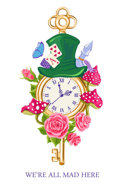 illustrazioni stock, clip art, cartoni animati e icone di tendenza di poster di alice nel paese delle meraviglie, biglietto di auguri. cappello verde, carte da gioco, orologio da tasca e chiave, rose, funghi e veleno su sfondo bianco. siamo tutti pazzi qui - mad hatter