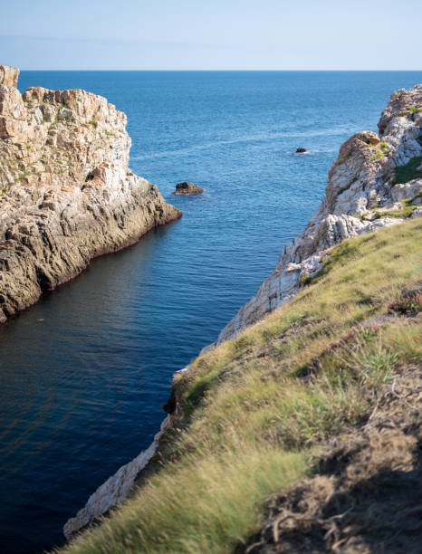 istock Rocky cliffs, some covered in vegetation, dropping into the ocean 1419857910