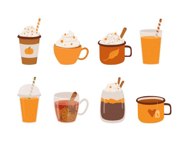 illustrations, cliparts, dessins animés et icônes de ensemble de différentes illustrations vectorielles de boissons d’automne et d’hiver. tasse dessinée à la main avec cappucino, latte à la citrouille, chocolat chaud, cacao, smoothie, jus, thé, vin chaud isolé sur fond blanc. - coffee alcohol wine chocolate