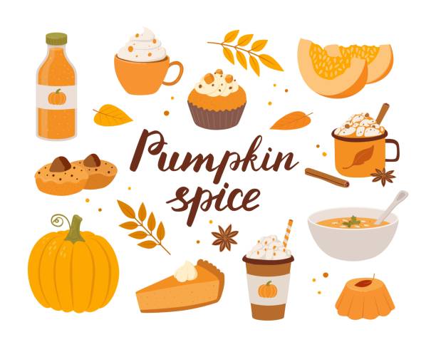 ilustrações de stock, clip art, desenhos animados e ícones de set of pumpkin spice seasonal flavored products, coffee, latte, cake, soup, smoothie. autumn food and drinks isolated on white background. collection of tasty sweet desserts. - autumn collection