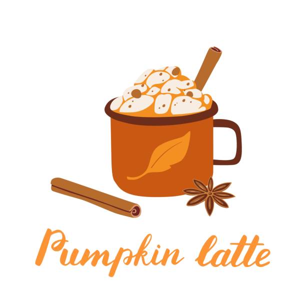 pumpkin spice latte w przytulnym kubku płaska ilustracja wektorowa. jesienna kawa witn cynamon. zimne dni gorący słodki napój. cappuccino na białym tle - pumpkin latté coffee spice stock illustrations