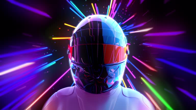 Video game screensaver with a racer in Helmet against neon stripes passing him as a speed imitation