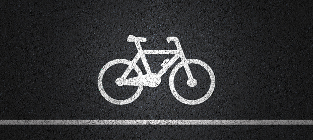 Empty asphalt road with cycle track and bike sign white dividing lines safety first, Top view, illustrations