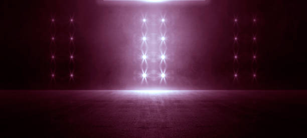 istock The dark stage shows, red background, an empty dark scene, neon light, spotlights The asphalt floor and studio room with smoke float up the interior texture for display products , Illustration 1419861127