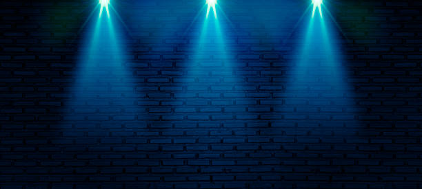 Dark blue empty brick wall background, Retro signboard with bright spotlights and neon tubes. illustration