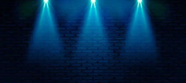 Photo of Dark blue empty brick wall background, Retro signboard with bright spotlights and neon tubes. illustration