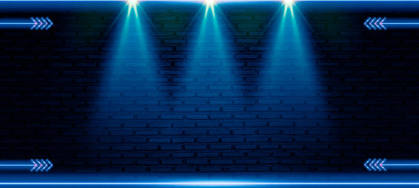 istock Neon arrow sign glowing on old dark blue empty brick wall background, Retro signboard with bright neon tubes. illustration 1419861164