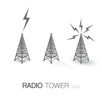 Set of different radio tower with lightning waves and shadows