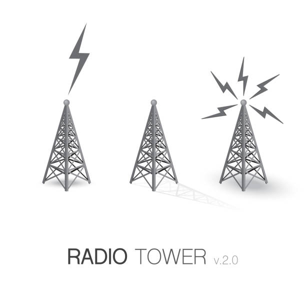 Radio tower grey set Set of different radio tower with lightning waves and shadows communication tower stock illustrations