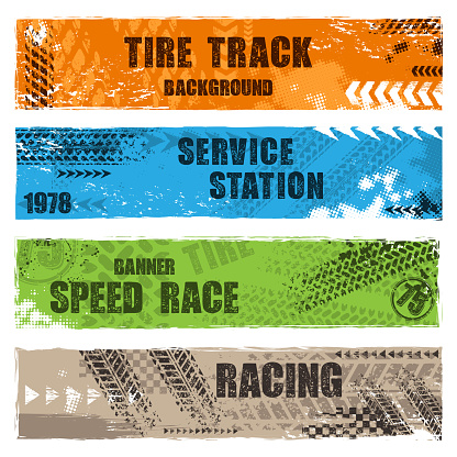 Set of four grunge banners with different tire track marks and sample text. Custom made transportation design elements for different sport competitions and invitations