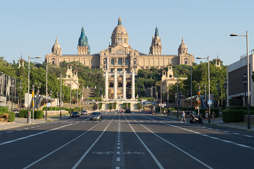 Barcelona, Catalonia, Spain; July 21th 2022: Front view of the exterior of the National Art Museum of Catalonia (MNAC) located in the Palau Nacional de Montjuic.