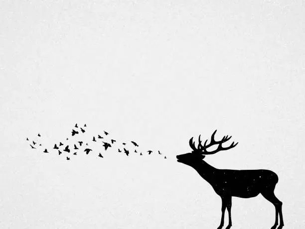 Vector illustration of Abstract deer, flying birds