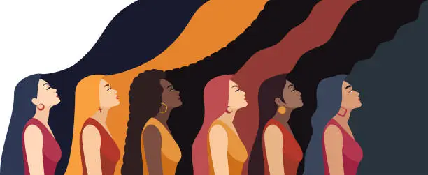 Vector illustration of Multi-ethnic group. Beautiful women with long and abstract hair. The Power of Women.