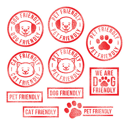Rubber stamps related to pets (pet friendly, dog friendly, cat friendly) isolated on a white background.