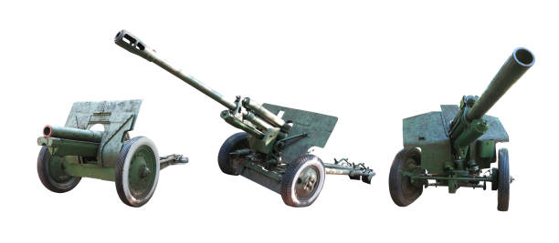 istock Three military russian cannon gun for invazion over white background 1419868285