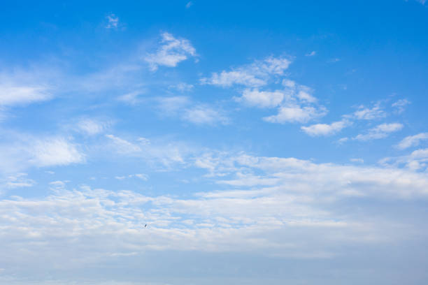 Blue sky and cirrus white high clouds. Horizontal. stock photo