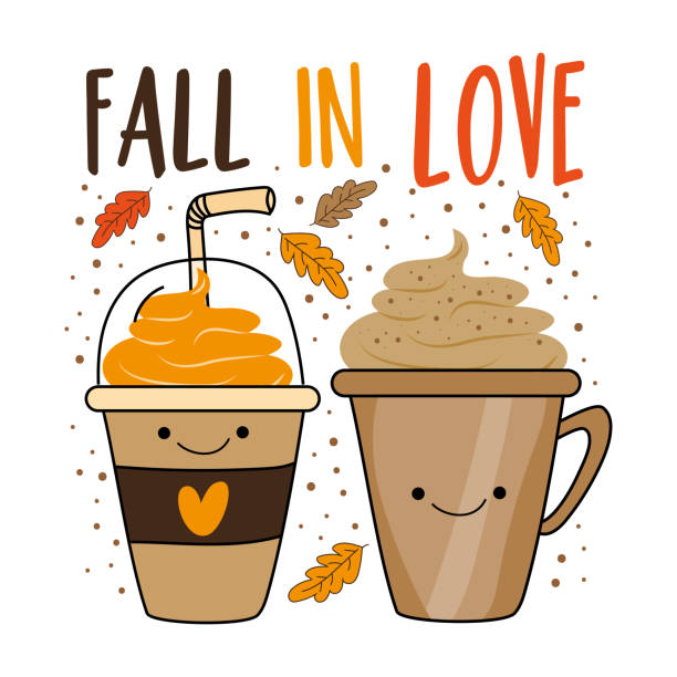 illustrations, cliparts, dessins animés et icônes de tombez amoureux - de jolies tasses de latte aux épices à la citrouille dessinées à la main et des feuilles automnales. - latté pumpkin spice coffee