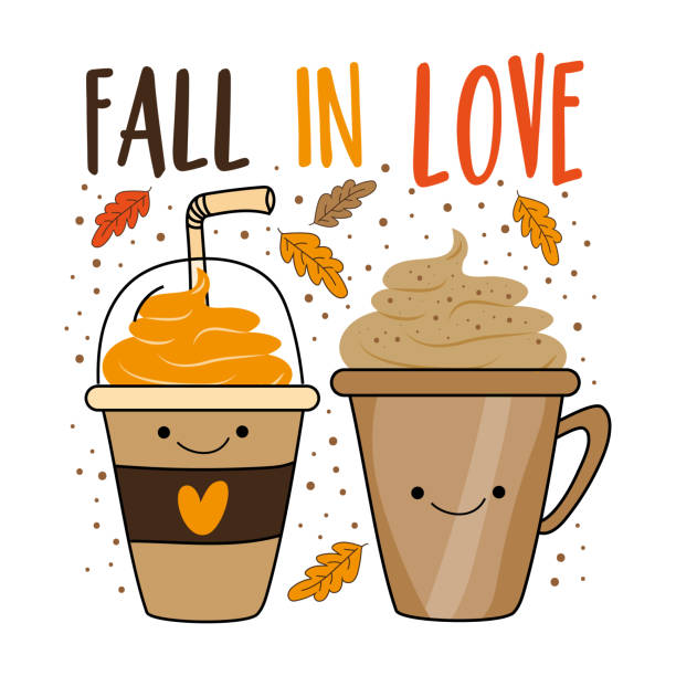 ilustrações de stock, clip art, desenhos animados e ícones de fall in love - cute hand drawn pumpkin spice latte mugs and autumnal leaves. - latté pumpkin spice coffee