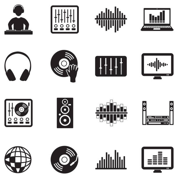 Electronic Music Icons. Black Flat Design. Vector Illustration. Music, DJ, Fun, Party dj stock illustrations