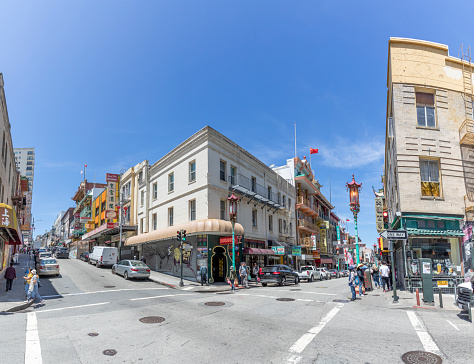 San Francisco, USA - May 19, 2022: panoramic  perspective of skyscraper downtown  financial district seen from Portsmouth square in CHinatown of San Francisco, USA