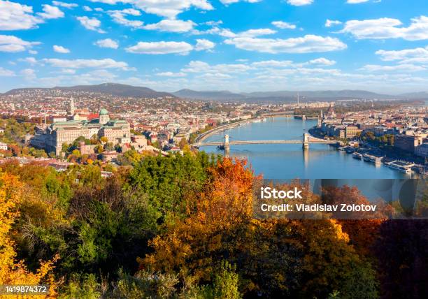 Budapest Autumn Cityscape With Royal Castle And Chain Bridge Over Danube River Budapest Hungary Stock Photo - Download Image Now
