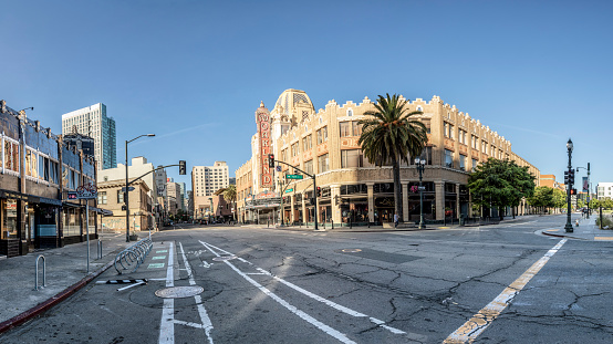 Oakland, USA - May 19, 2022: The morning sun rises on the iconic Fox Oakland Theatre, a concert hall and former movie theater in Downtown Oakland.