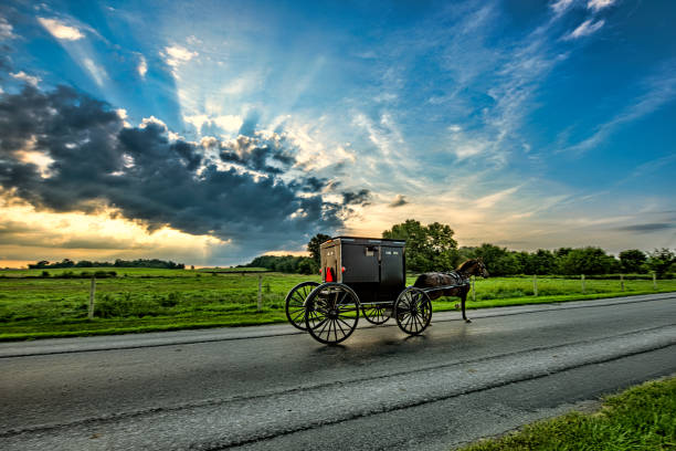 istock Amish buggy at Sunrise with Sunbeams 1419875422
