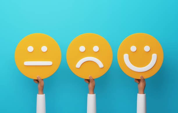 istock Customers express their feelings through emoticon badges on blue background. 1419880881