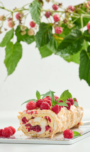istock Baked meringue roll with cream and fresh red raspberry, white background 1419882910