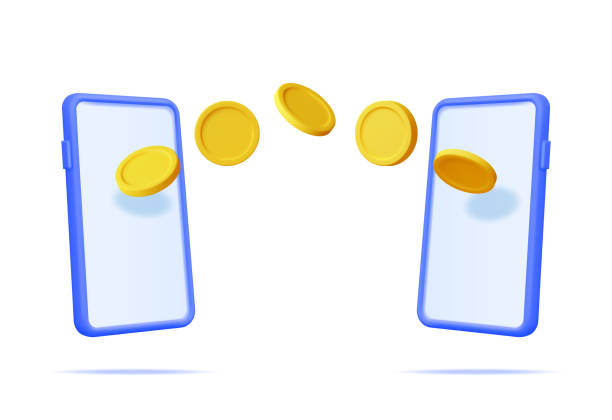 3D Flying Coins Between Two Smartphones 3D Flying Coins Between Two Smartphones. Render Money Transfer Concept. Sending and Receiving Money on Mobile Phone via Application. Mobile Banking, Money Exchange, Online Payment. Vector Illustration sending money stock illustrations