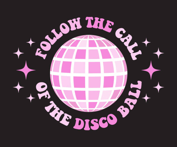Retro groovy disco ball . 70s disco slogan print for graphic tee. Follow the call of the disco ball Retro groovy disco ball . 70s disco slogan print for graphic tee. Follow the call of the disco ball disco ball stock illustrations