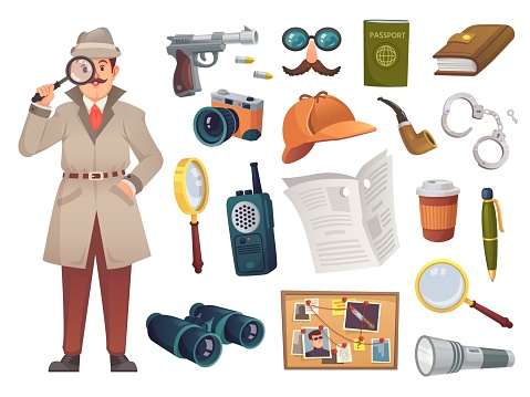 Private detective equipment. Cartoon inspector tools, investigator equipments for investigation case detectice evidence, spying sherlock icon ingenious vector illustration of detective investigator