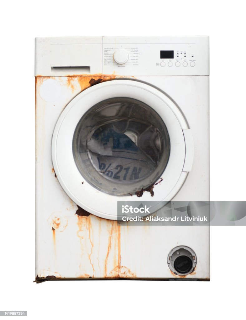 Old rusty broken washing machine isolated on white background. Washing Machine Stock Photo