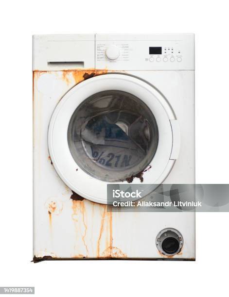 Old Rusty Broken Washing Machine Isolated On White Background Stock Photo - Download Image Now