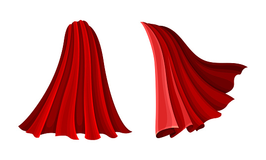 Superhero red capes set. Silk scarlet flying cloak cartoon vector illustration isolated on white