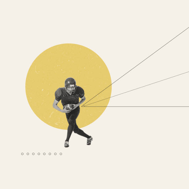 contemporary art collage. portrait of young man, american football player training. attacker position - teamsport imagens e fotografias de stock
