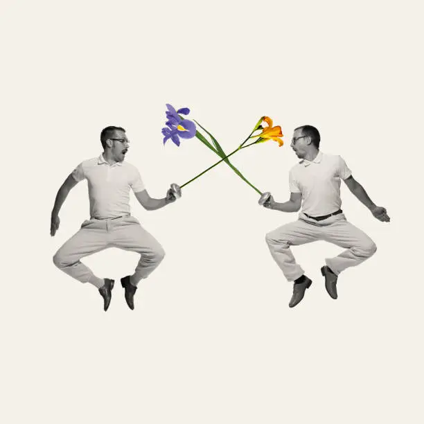 Contemporary art collage. Two men, friends fighting in a jump on flower swords. Funny emotions. Concept of imagination, retro style, mood, creativity, fun. Copy space for ad, poster