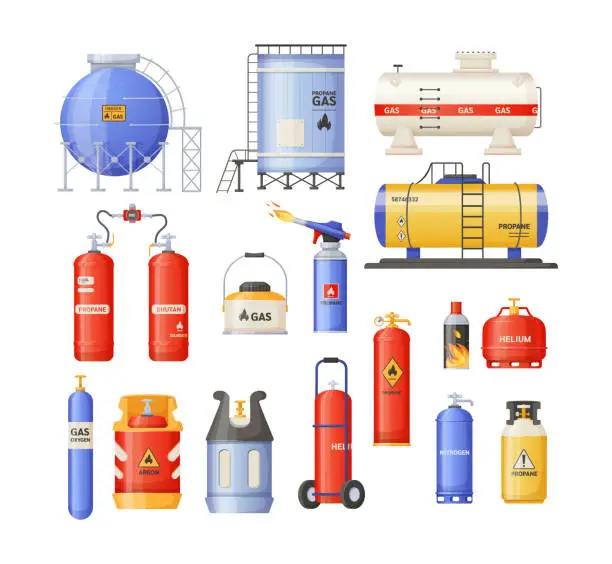 Vector illustration of Storage cylindrical containers with liquefied compressed gas set