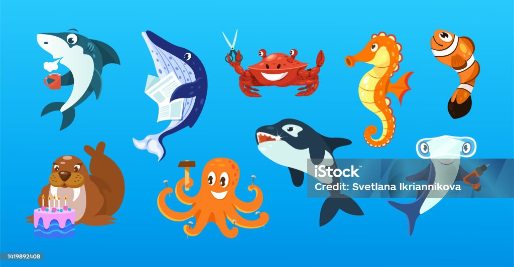 Set Of Cute Wild Marine Animals And Fishes Stock Illustration - Download  Image Now - Animal, Animal Wildlife, Animals In The Wild - iStock