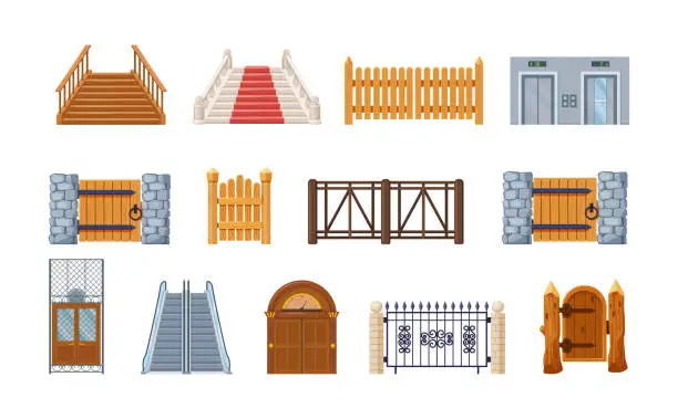 Vector illustration of Set of architectural and interior objects in different styles