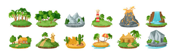 ilustrações de stock, clip art, desenhos animados e ícones de set of islands with different beautiful natural landscapes - waterfall cartoon tropical rainforest vector