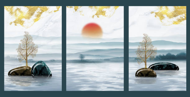 istock 3d illustration mural landscape wallpaper. Light blue
 and gray mountains in light background. sunset and white marble. wall home decor 1419894917