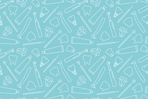 seamless pattern with dental pattern, toothbrush, implant, tooth bracket, paste, dentist tools outline icons - diş hekimliği kliniği stock illustrations
